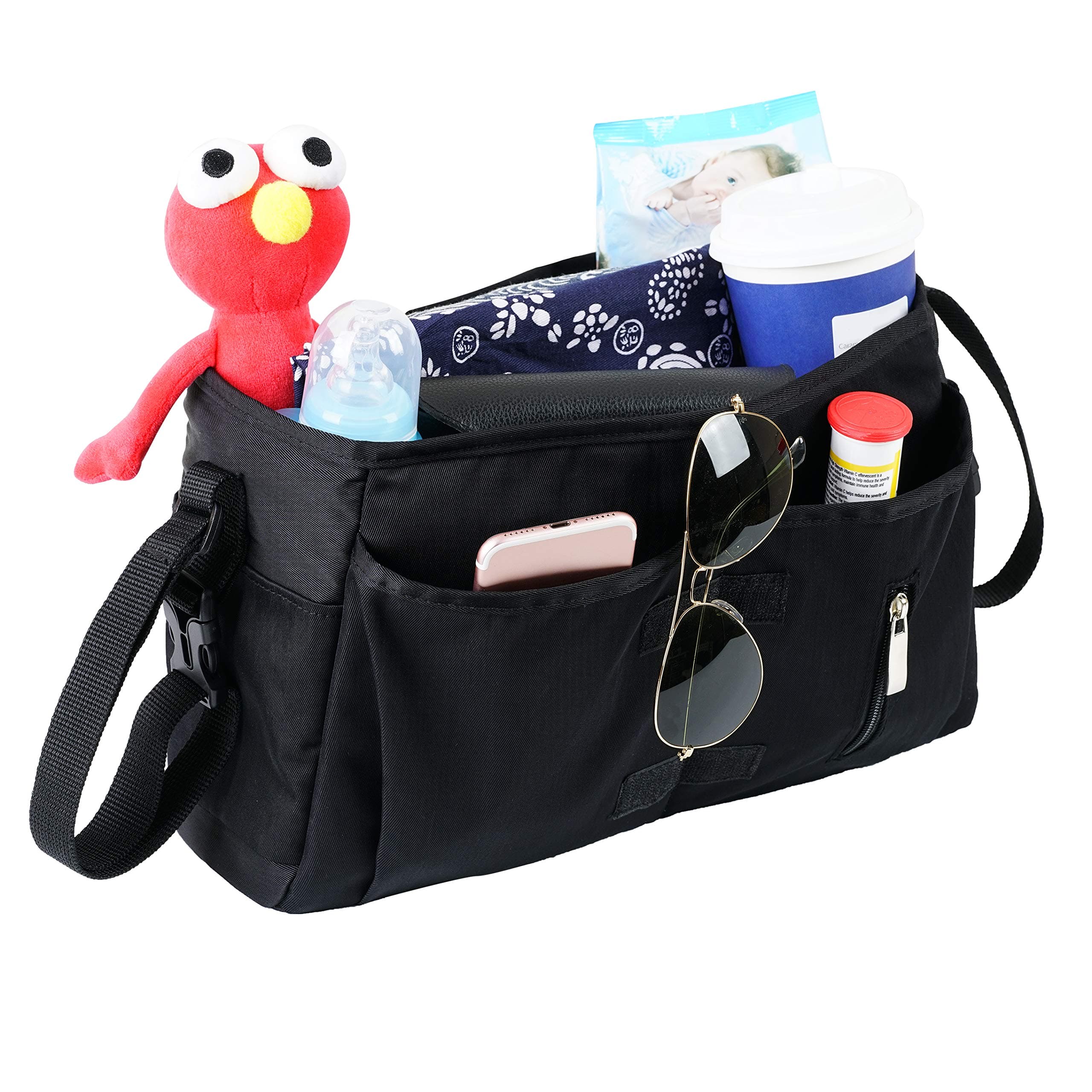 JYSW Baby Stroller Organizer, Baby Stroller Caddy with Multiple Pockets and Shoulder Strap Fits for Universal Stroller to Storage Phones, Wallets, Toys, Diapers and Tissue (Black)