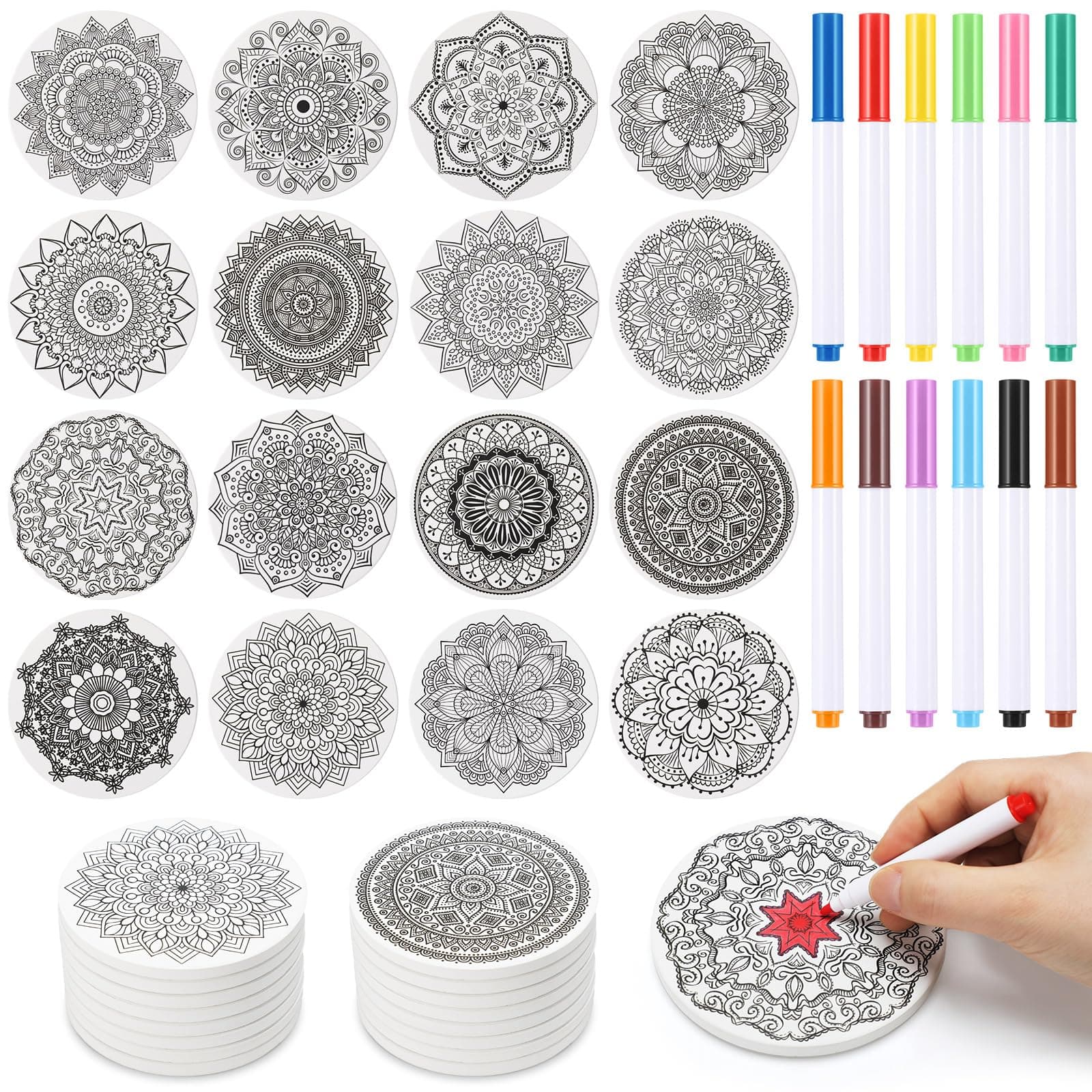 16 Pcs Mandala Ceramic Coasters for Drinks Color Your Own Coaster Mandalas Set DIY Absorbent Cup Mat with 12 Markers and Cork Base Art Crafts Gifts for Adult Home Table Decoration