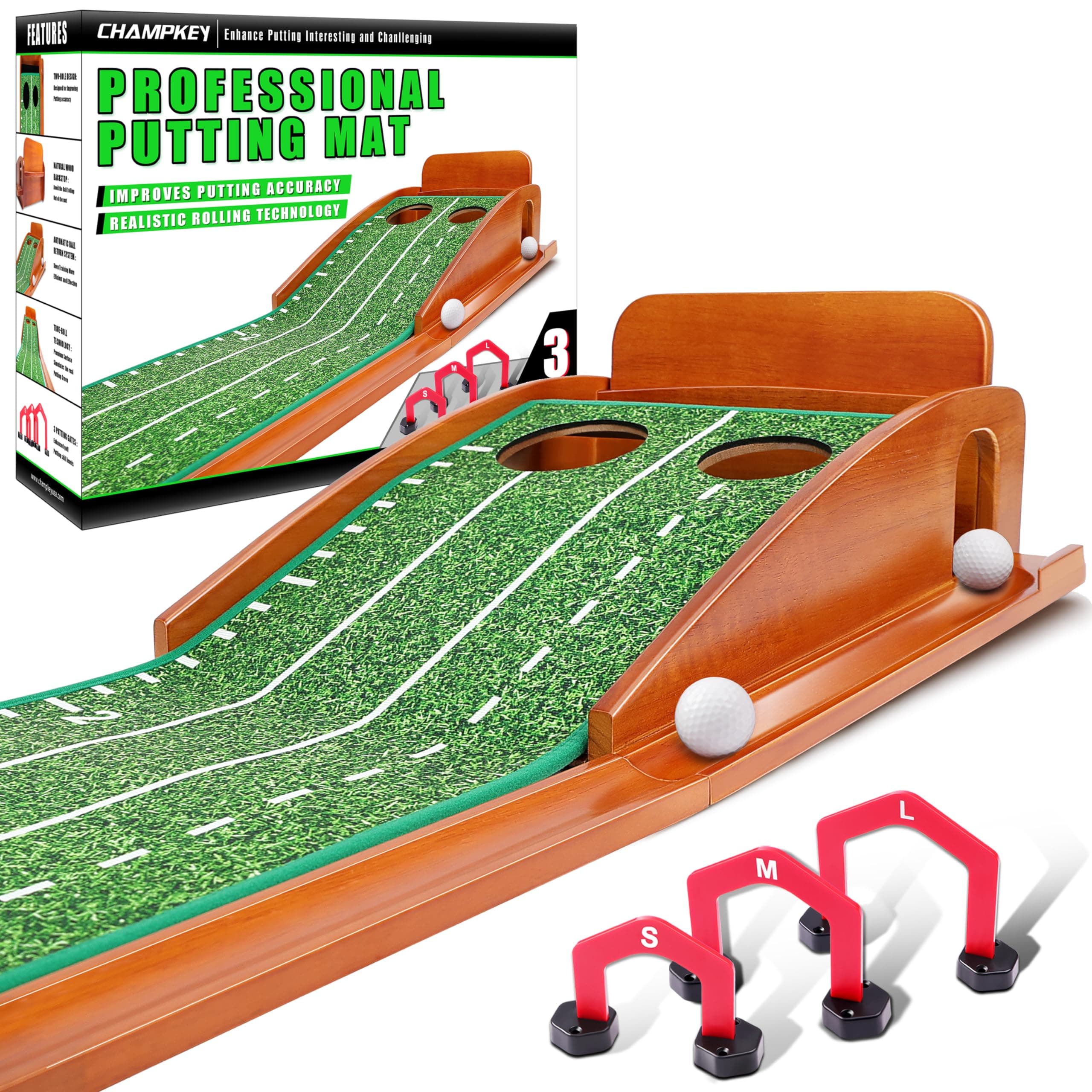 CHAMPKEY Two-Hole/TRI-Hole Golf Putting Mat with 2/3 Golf Putting Gates - Improves Putting Accuracy and Skill Levels- Ideal Golf Putting Green for Indoor and Outdoor Training