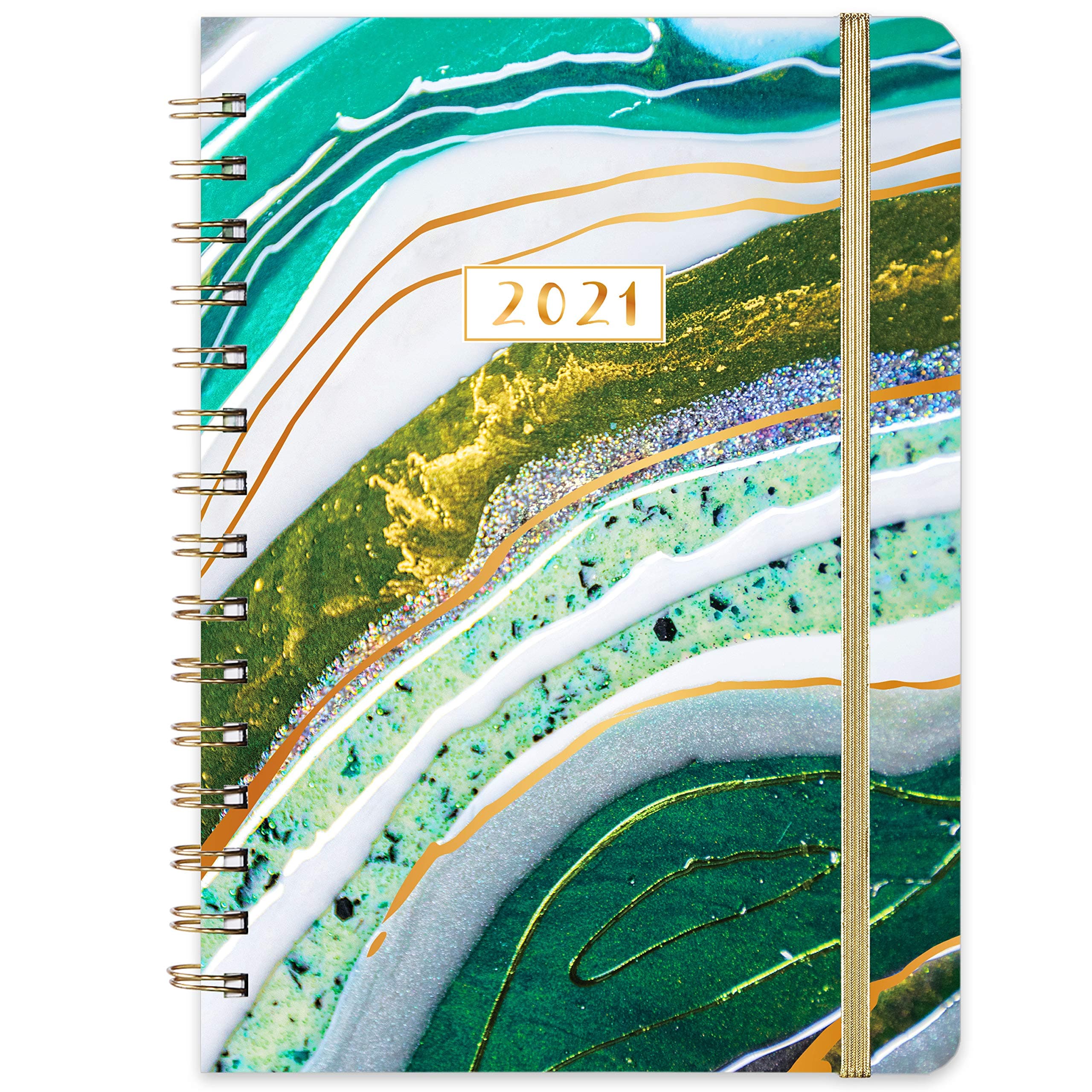 2021 Planner - Weekly & Monthly Planner with Tabs, 6.3" x 8.4", Jan. - Dec. 2021, Hardcover with Back Pocket + Thick Paper + Banded, Twin-Wire Binding - Teal Gilding