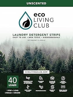 Eco Living Club Laundry Detergent Sheets Hypoallergenic, Eco Friendly, Usage (Up to 80 loads) Biodegradable, Plastic Free, Paraben and Cruelty Free, Travel Friendly Strips (Unscented)