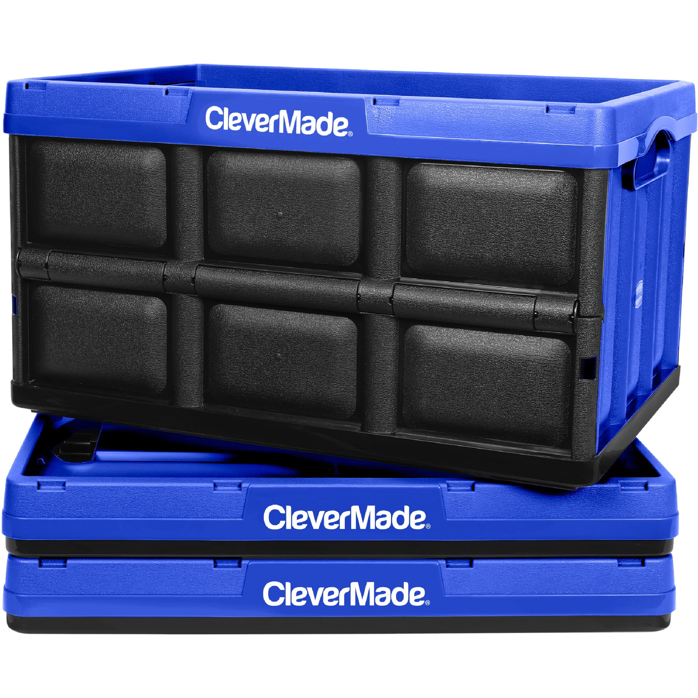 CleverMade Collapsible Storage Bins - Royal Blue 3 Pack 46L - Stackable Containers Heavy Duty Capacity Folding Crates - Space-Saving for Home