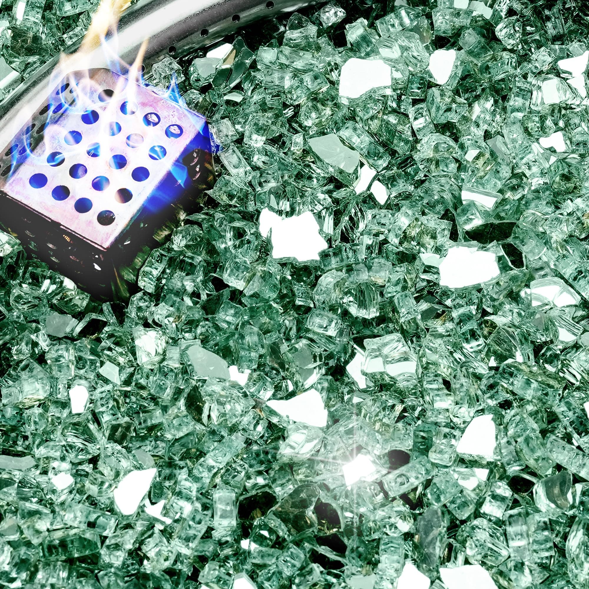 NUPICK 20 Pound Fire Glass, 1/4 Inch Reflective Fire Pit Glass, Tempered Firepit Glass Rock for Propane or Natural Gas, Glass Rocks for Fire Pit Table, Fireplace Glass for Landscaping, Green