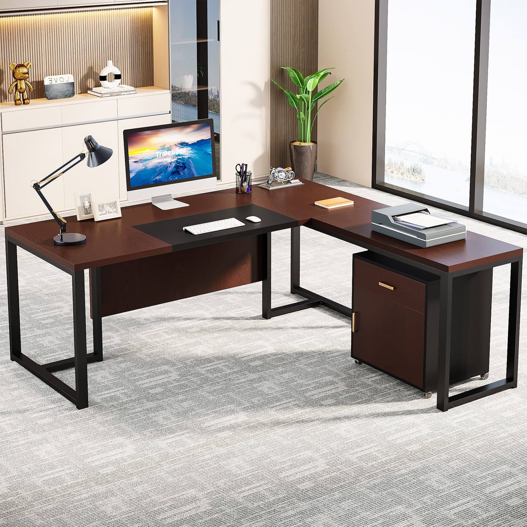 Tribesigns 70.8” L-Shaped Executive Desk with File Cabinet, Large Executive Office Desk with Removable File Cabinet, Modern Home Office Desk Workstation Business Furniture Set, Dark Walnut