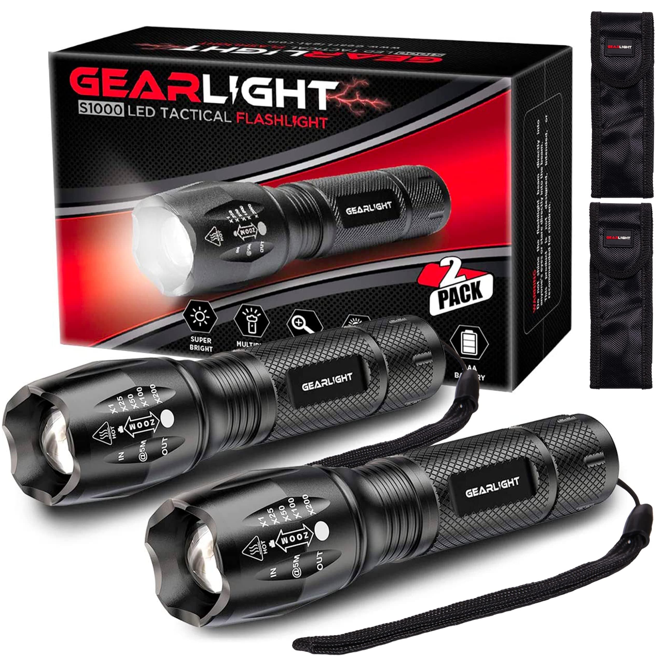 GearLight Stainless Steel Tactical LED Flashlight S1000 [2 Pack] - High Lumen, Zoomable, 5 Modes, Water Resistant, Handheld Light - Best Camping, Outdoor, Emergency, Everyday Flashlights
