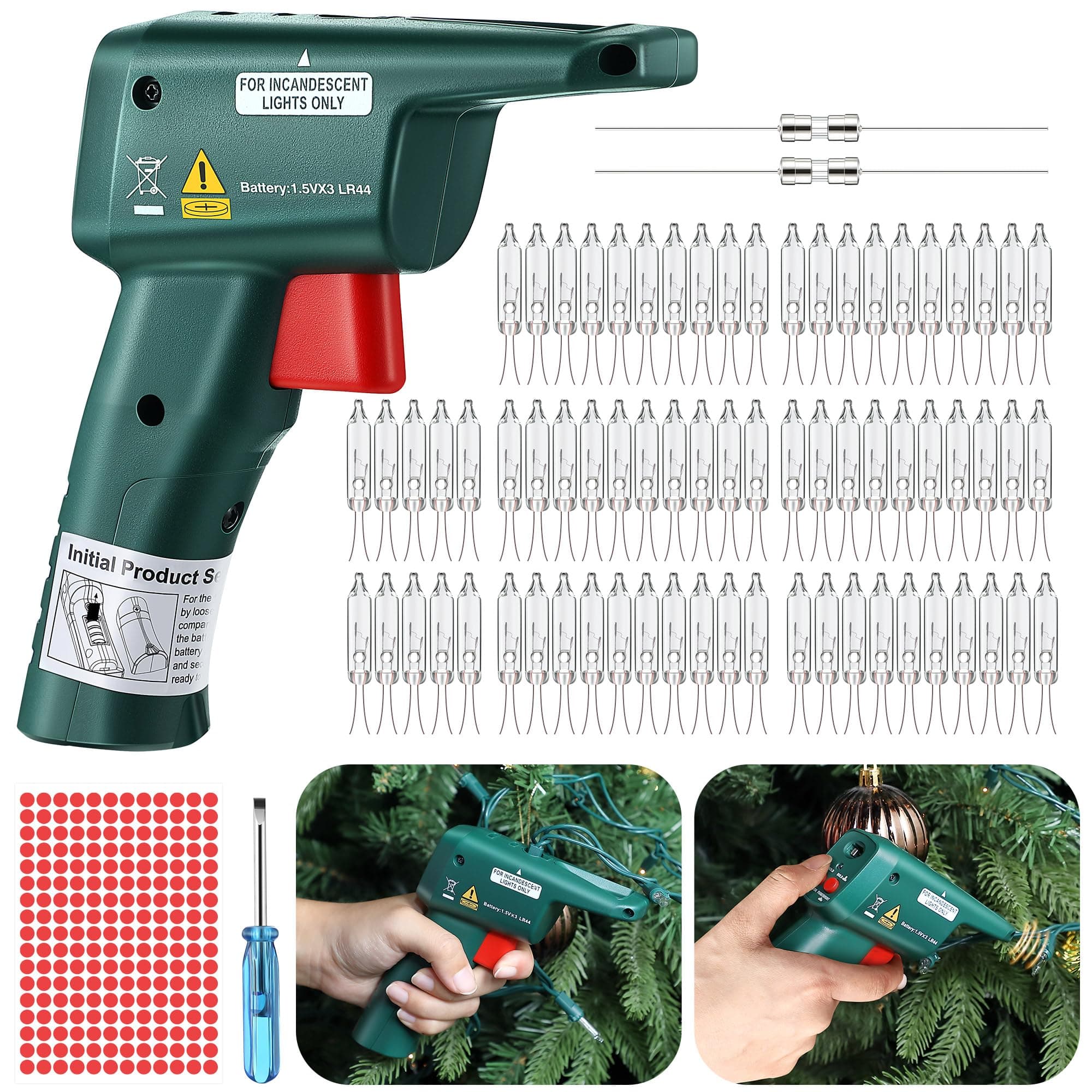 Christmas Light Repair Kit with 70 Replacement Bulbs, Light Test for Repairing Incandescent Bulbs, Tree Light Tester Kit, Includes 204 Marking Stickers