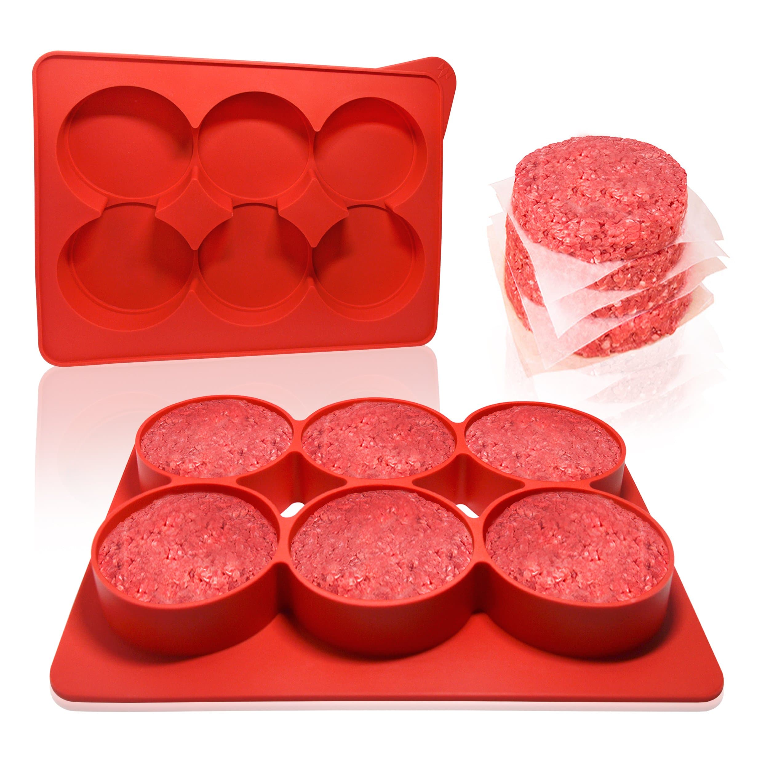 Burger Press Premium Grade- with Free 100 Patty Paper- Best 6 in 1 Hamburger Patty Maker- Essential BBQ Grill Accessory for Your Home Kitchen- Makes Perfect Patties Every Time- Red