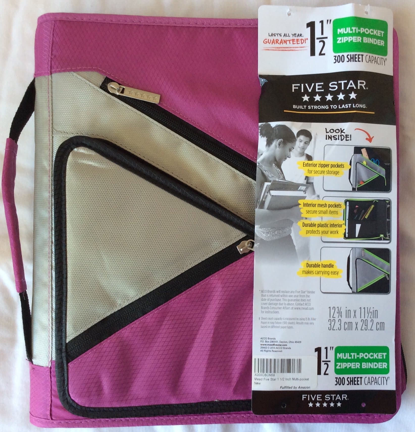 Mead Five Star 1 1/2 Inch Multi-pocket Zipper Binder-Mauve/Grey