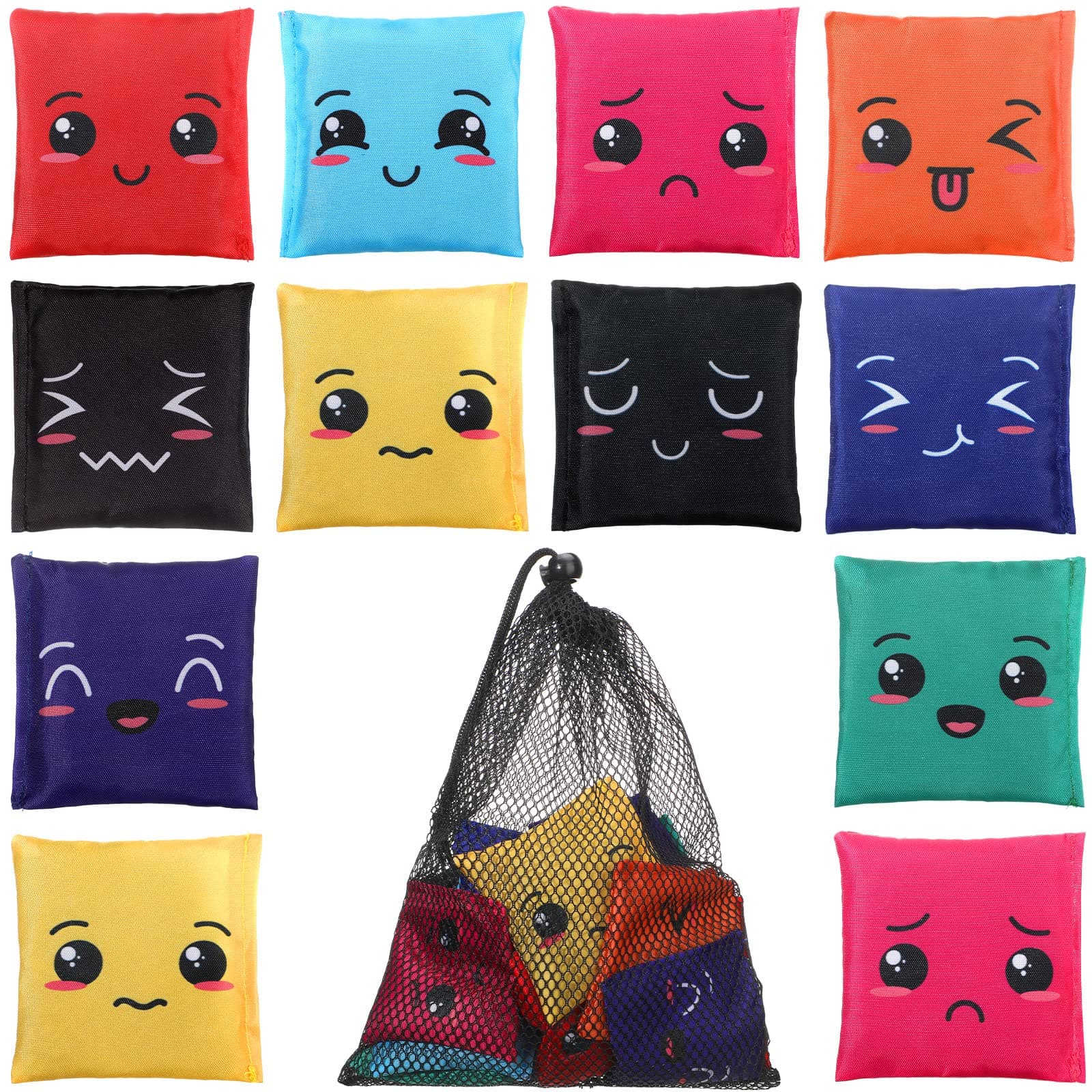 Sotiff 20 Pcs Small Bean Bags for Tossing Educational Cornhole Bags Bulk Mini Educational Learn Colors Toss Toy Cornhole Game Throwing Sack for Outdoor Indoor Hand Toss Sports Activities(Expression)