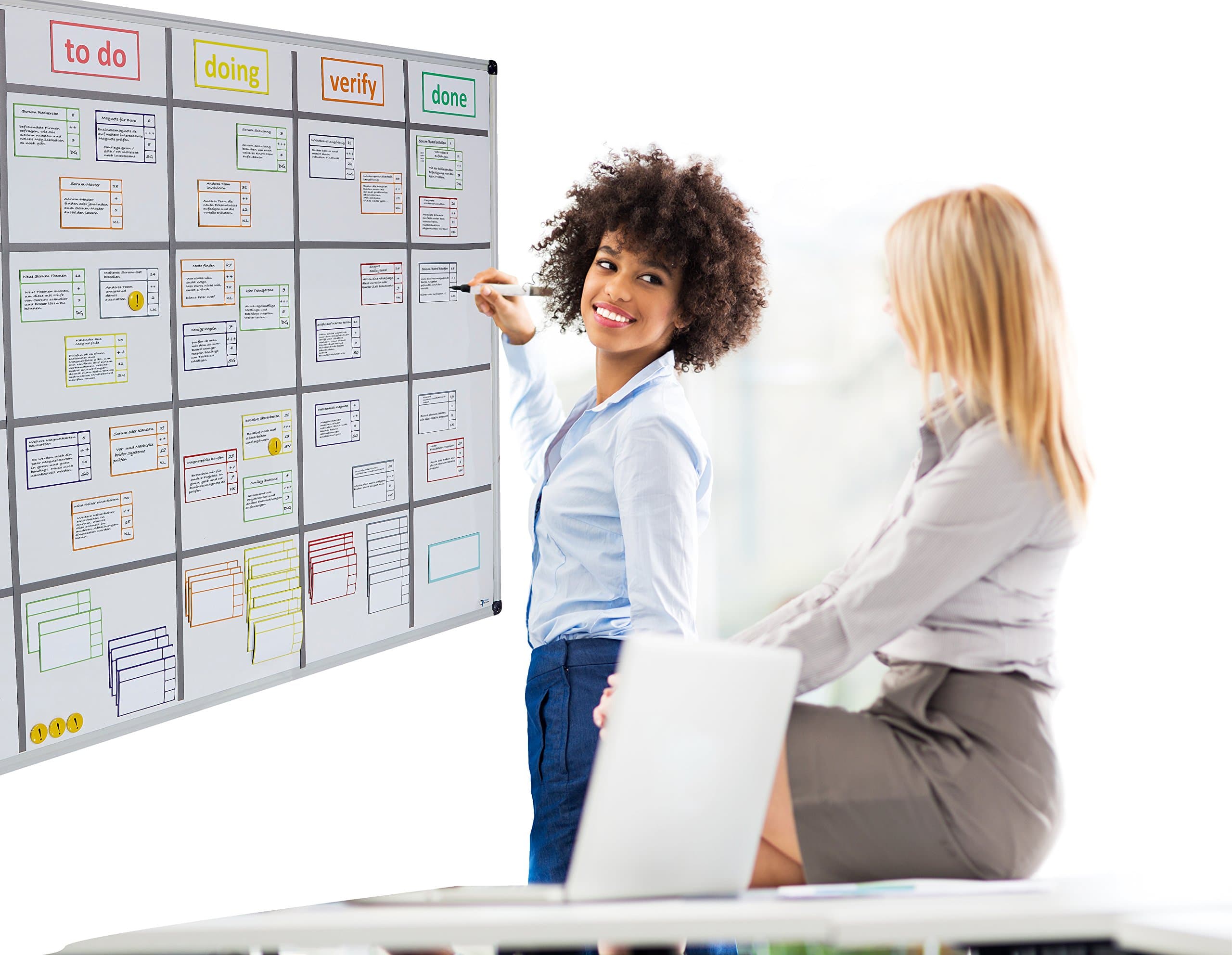 Scrum-board, complete set, 90 cm x 120 cm whiteboard, 5+1 headings: backlog, to do, doing, verify, done + blank, 60 magnetic cards in 6 colours, 8 magnetic lines, 1 pen, 5 exclamation mark magnets