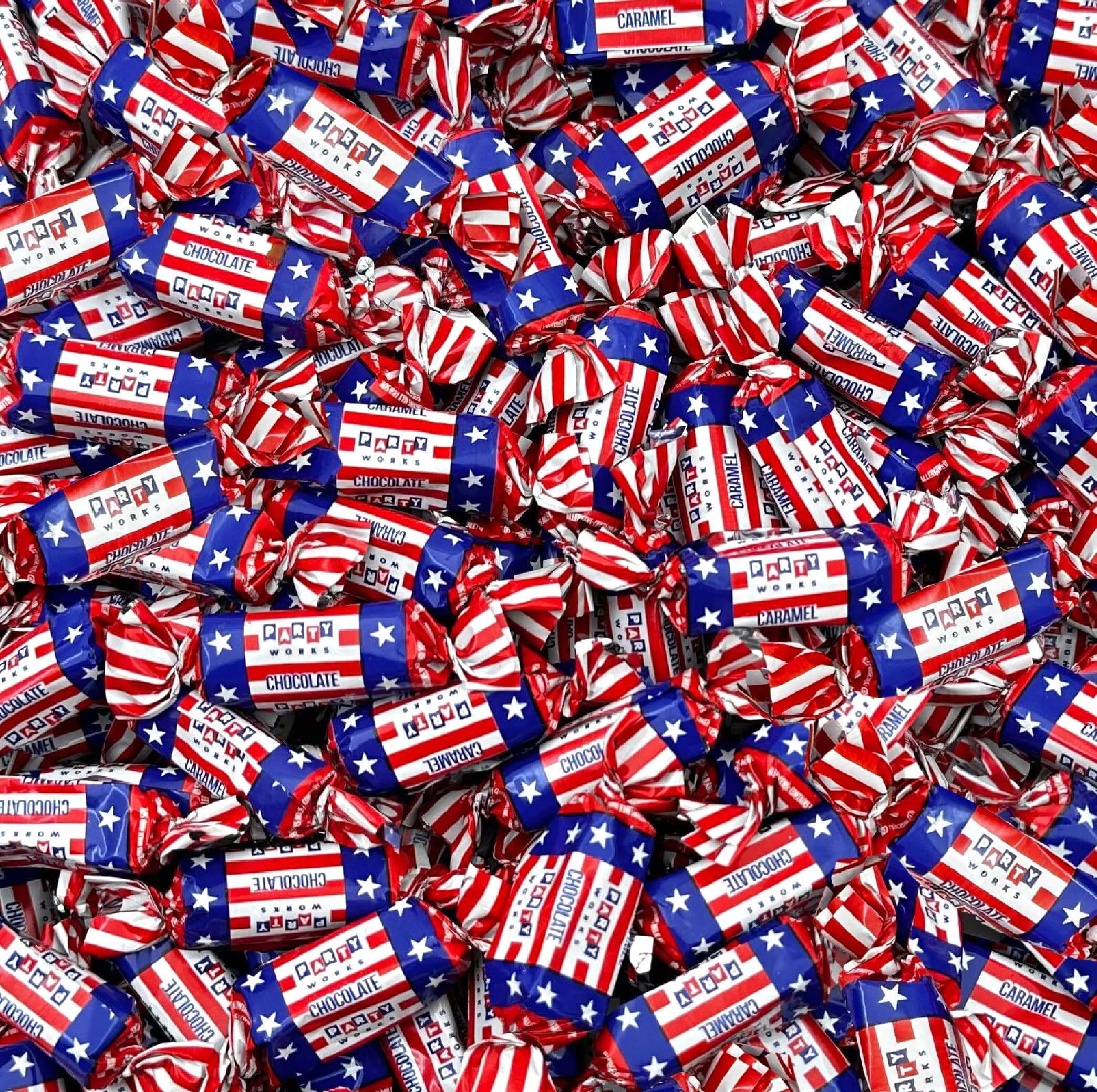Patriotic Candy - 3 Pound Pack (About 220 Count) - Chocolate Flavored Caramels - Fourth of July Candy Bulk - Individually Wrapped Red White and Blue Taffies