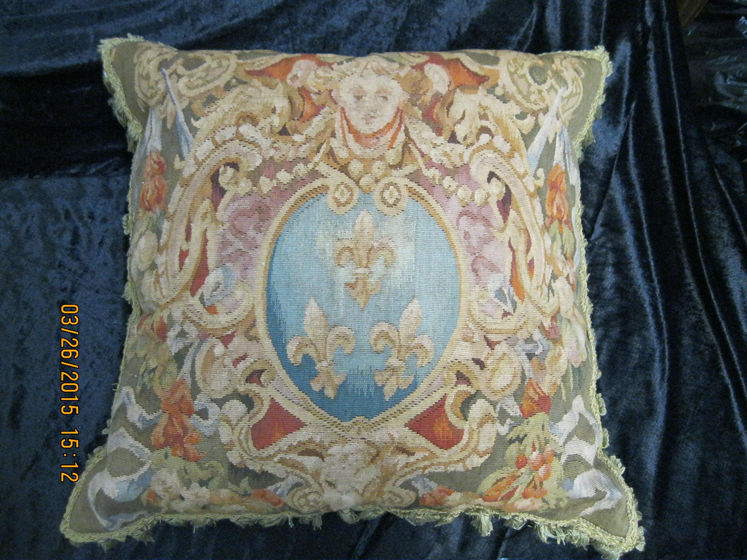 Handmade Aubusson Three Fleur di Lis Design Pillow 22 x 22 inches
