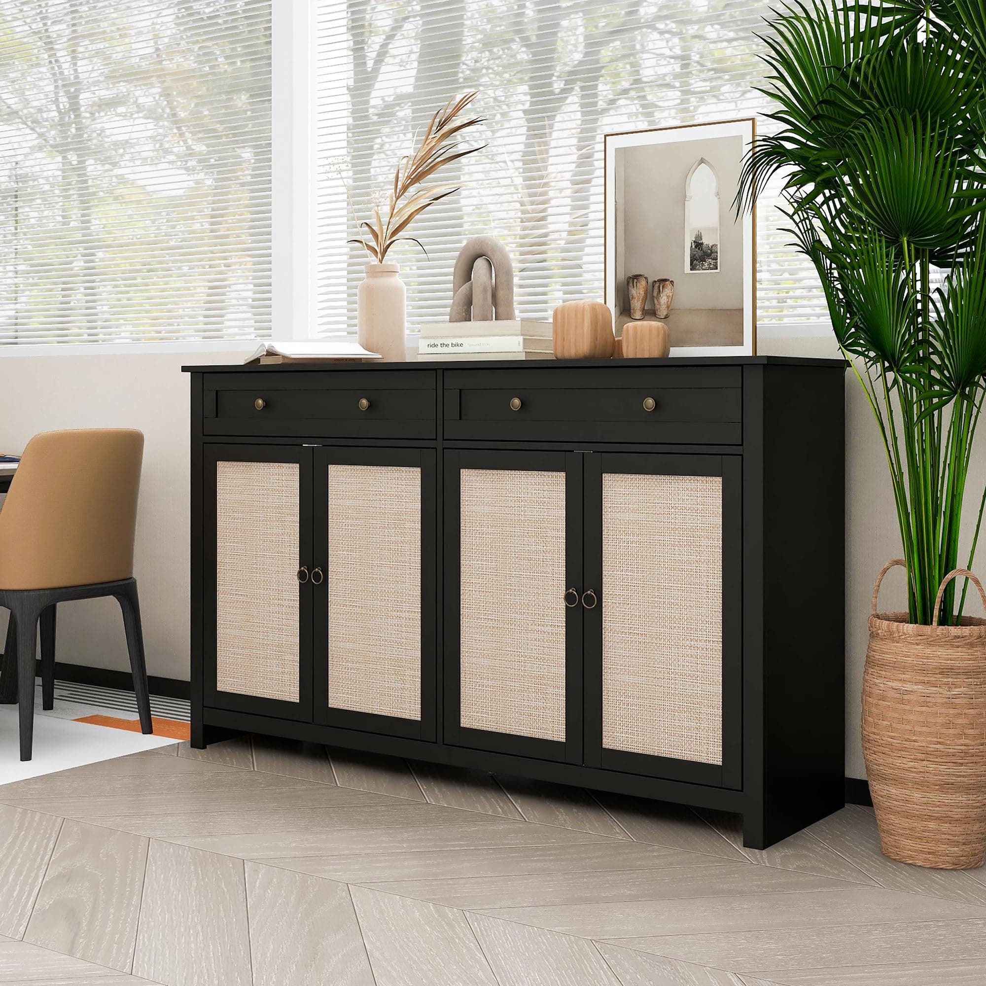 Sideboard Buffet Cabinet, Storage Accent Cabinet with Drawers and Adjustable Shelf for Hallway, Entryway, Kitchen or Living Room(Black)