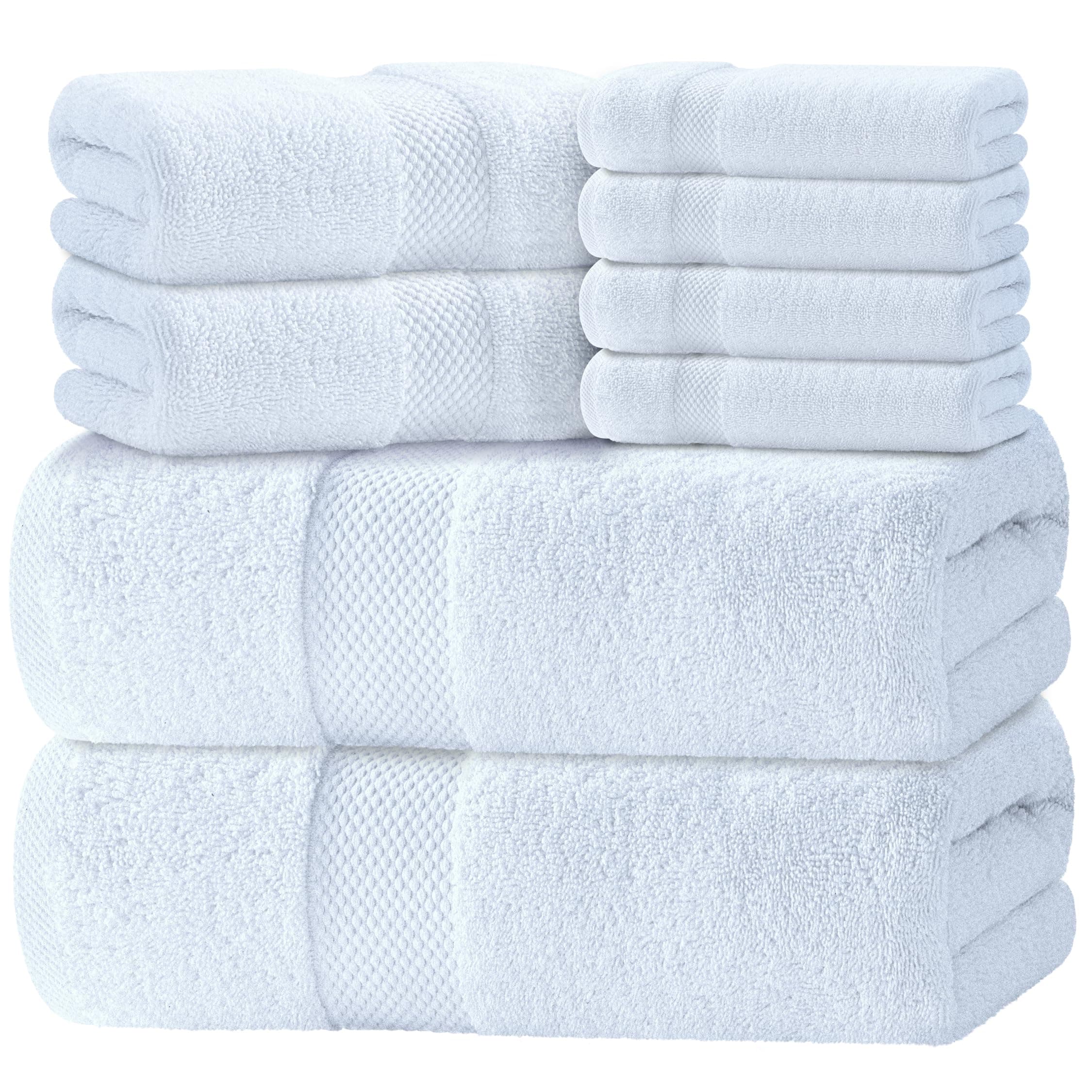 Luxury 8Piece Bath Towel Set White - 700 GSM Thick Combed Cotton Hotel Quality Highly Absorbent Towels - 2 Bath Towels, 2 Hand Towels, 4 Washcloths [Worth $72.95] (White, 8Pc)