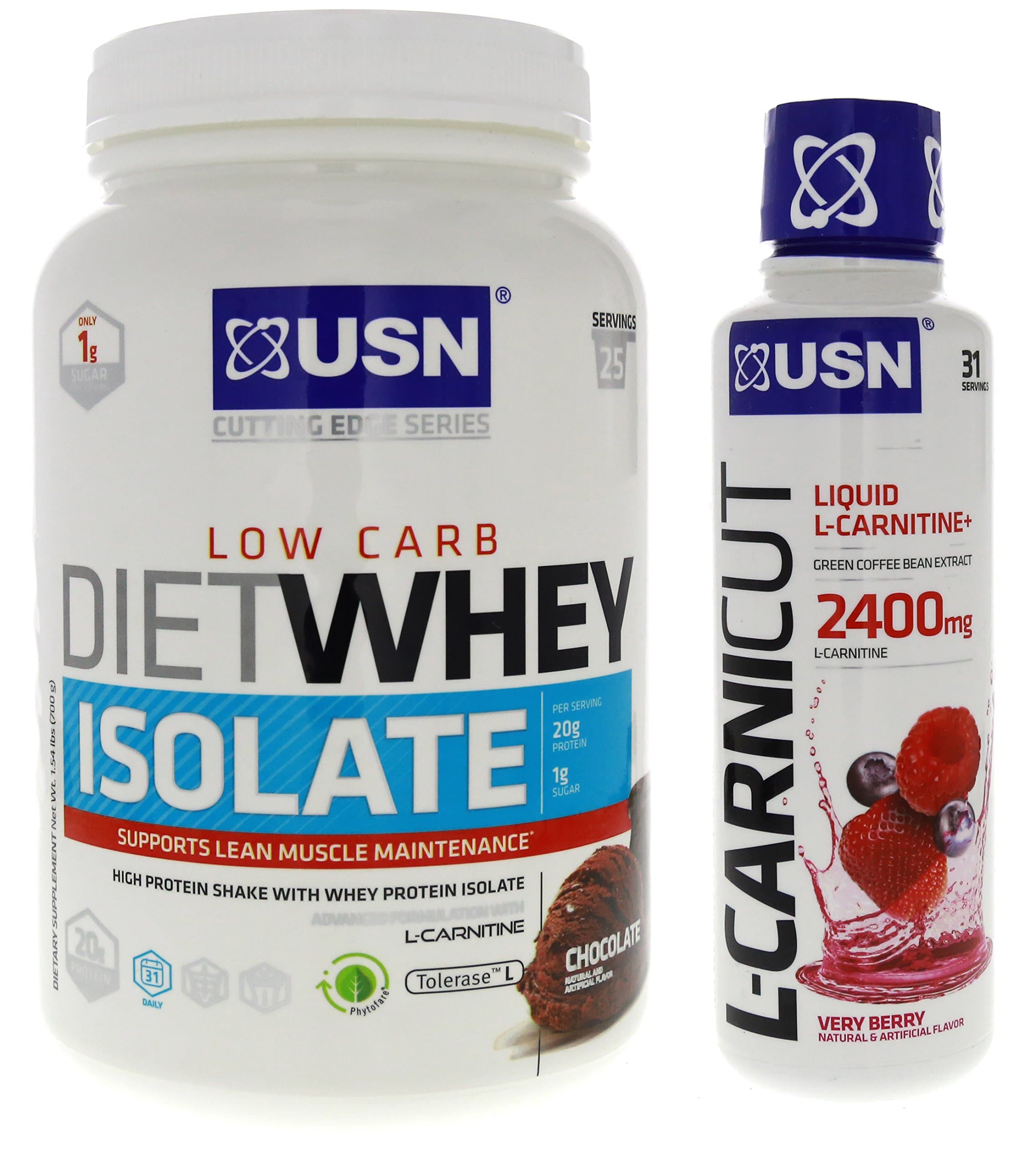 USN Diet Whey Isolate Low Carb 25 Servings Chocolate w/Bonus Liquid L-Carnitine L-Carnicut Very Berry