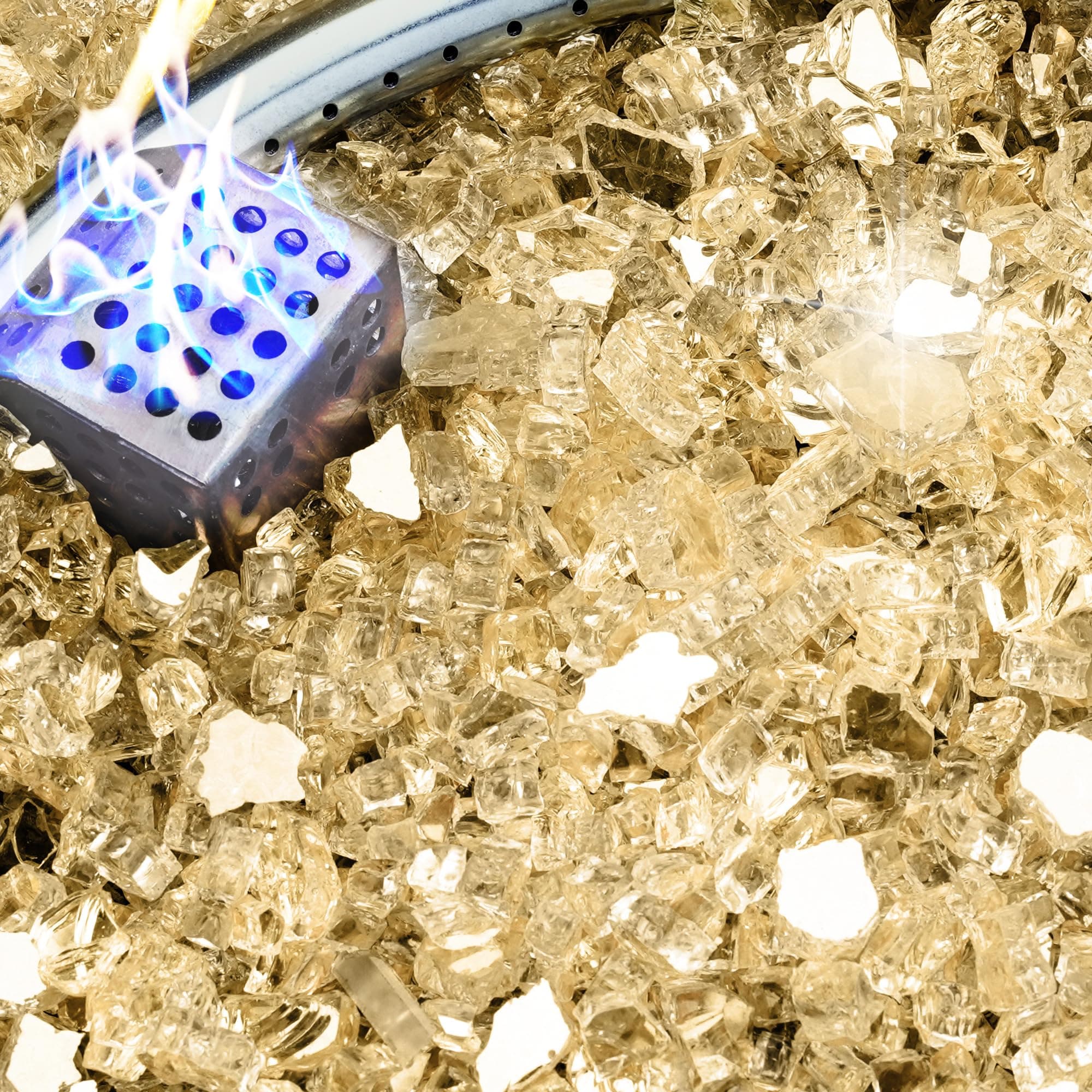 NUPICK 5 Pound Fire Glass, 1/4 Inch Reflective Fire Pit Glass, Tempered Firepit Glass Rock for Propane or Natural Gas, Glass Rocks for Fire Pit Table, Fireplace Glass for Landscaping, Gold