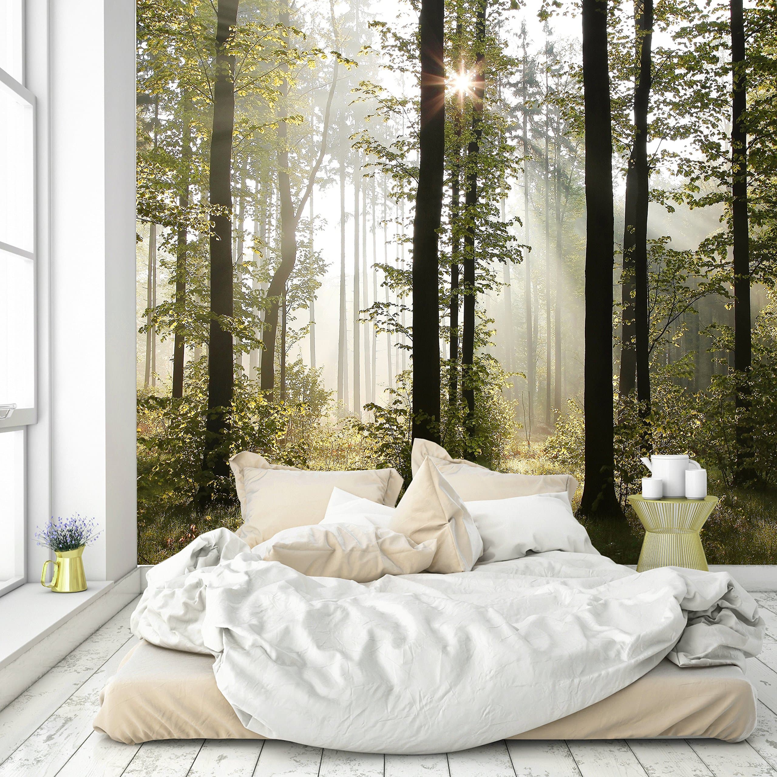murimage Photo Wallpaper Forest 274 x 254 cm Including Paste Wall Mural 3D Optic Wood Beech Trees Sunlight Nature livingroom
