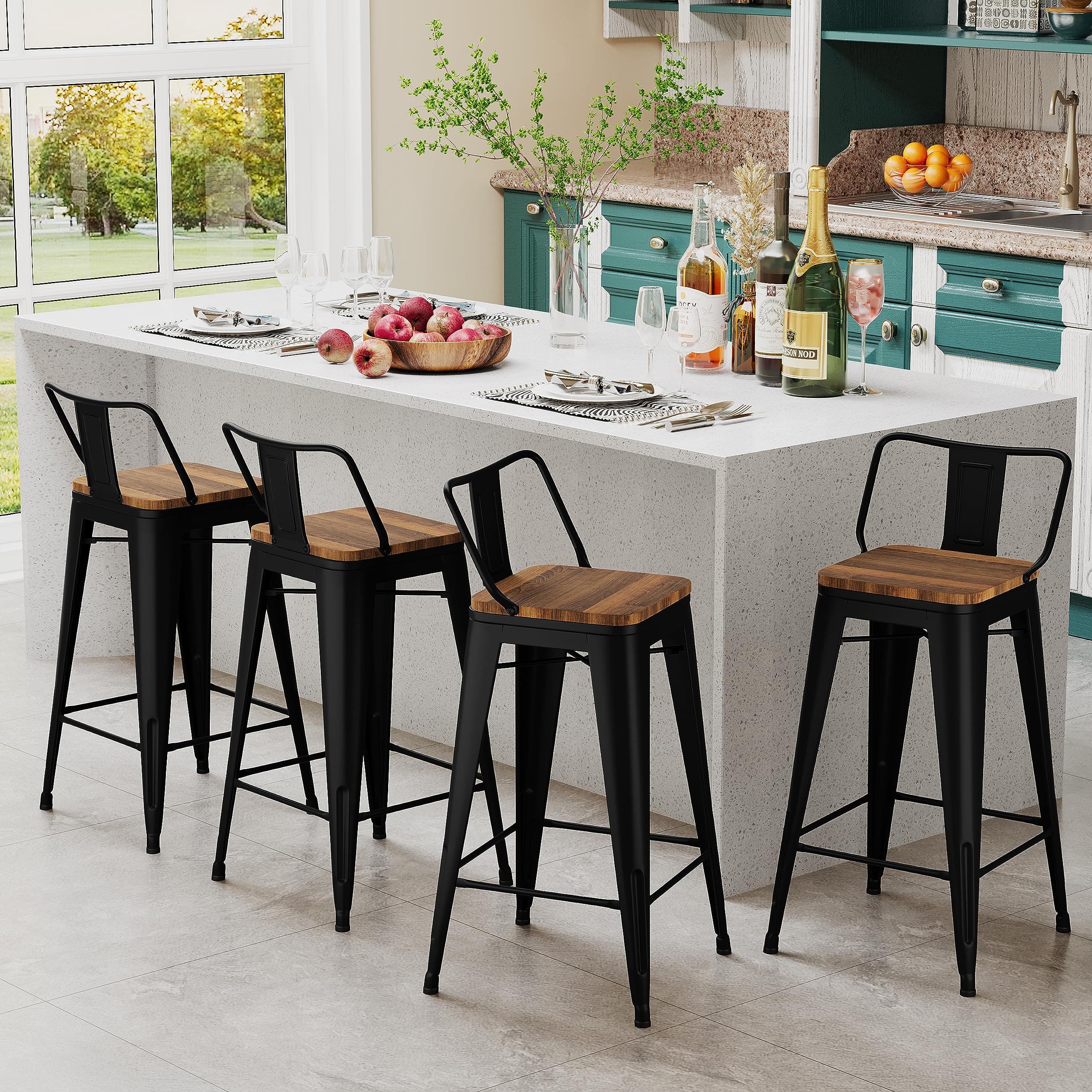 Andeworld Metal Bar Stools Set of 4 Kitchen Counter Stools Bristro Barstools Industrial Bar Stools (26 Inch, Black with Wooden Seats)
