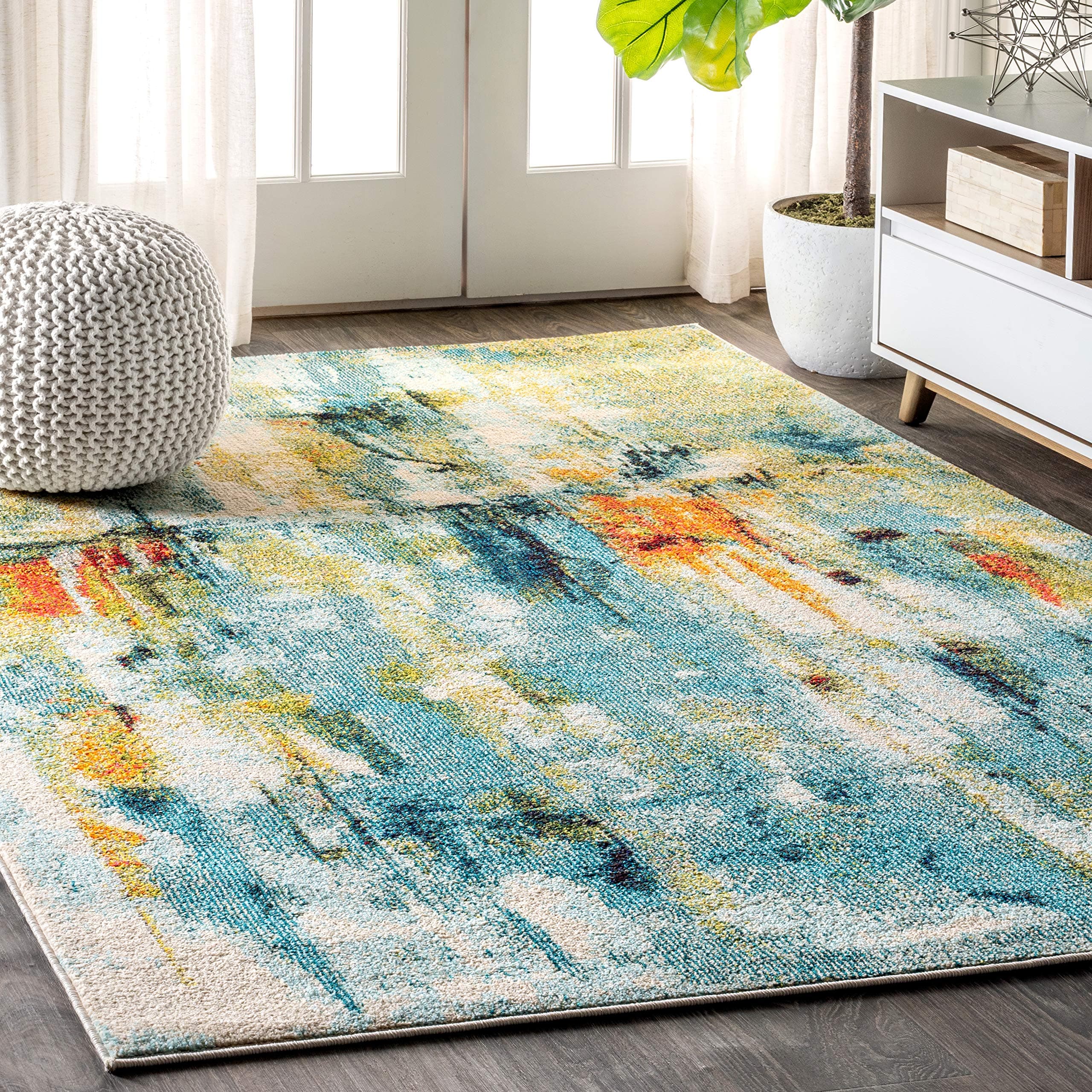 JONATHAN Y CTP100A-4 Contemporary POP Modern Abstract Waterfall Blue/Cream 4 ft. x 6 ft. Area-Rug, Bohemian, Easy-Cleaning, for Bedroom, Kitchen, Living Room, Non Shedding