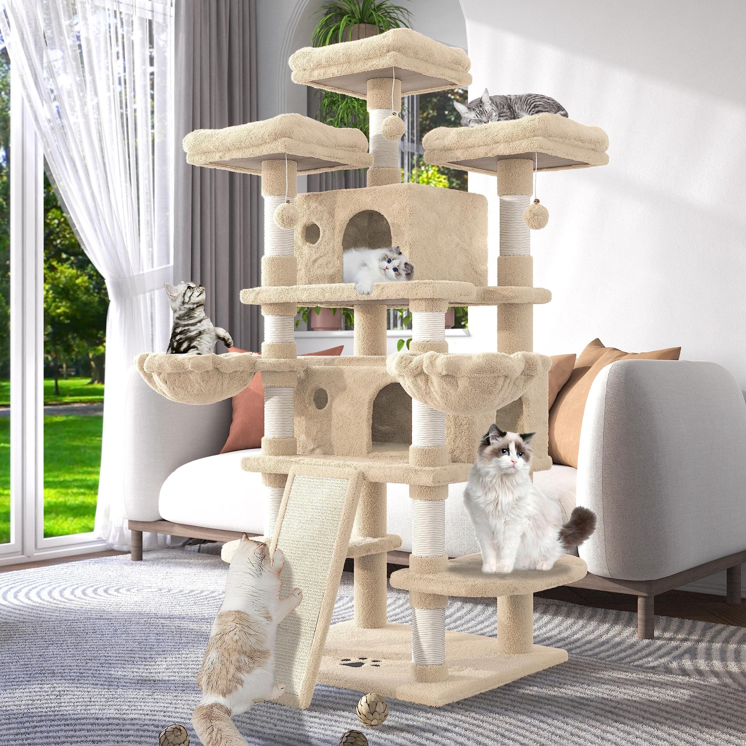WEEWAY 68 Inches Multi-Level Large Cat Tree for Feline‌/Big Tower/Condo/Cozy Plush Kitty Perches/Fluffy Balls/Sisal Scratching Posts and Hammocks/Cave/Furniture Activity Center/Beige