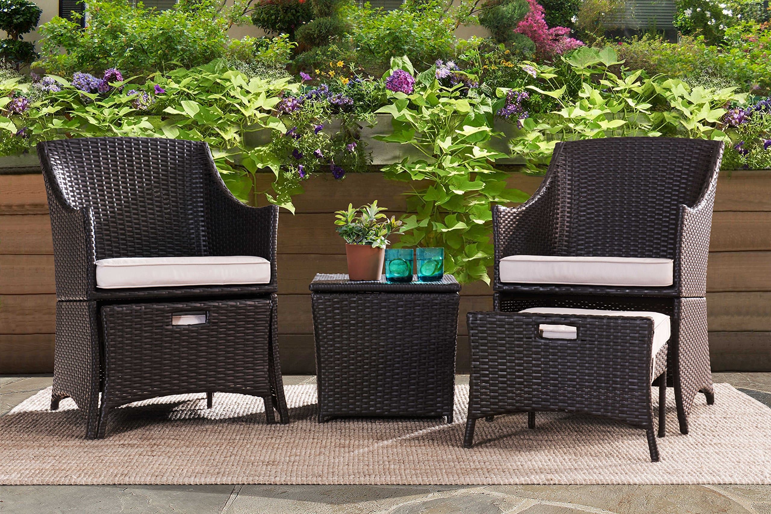Sunjoy S-BS1011SST-A Parkside 5 Piece Wicker Seating Set, Brown Frame with Tan Cushion