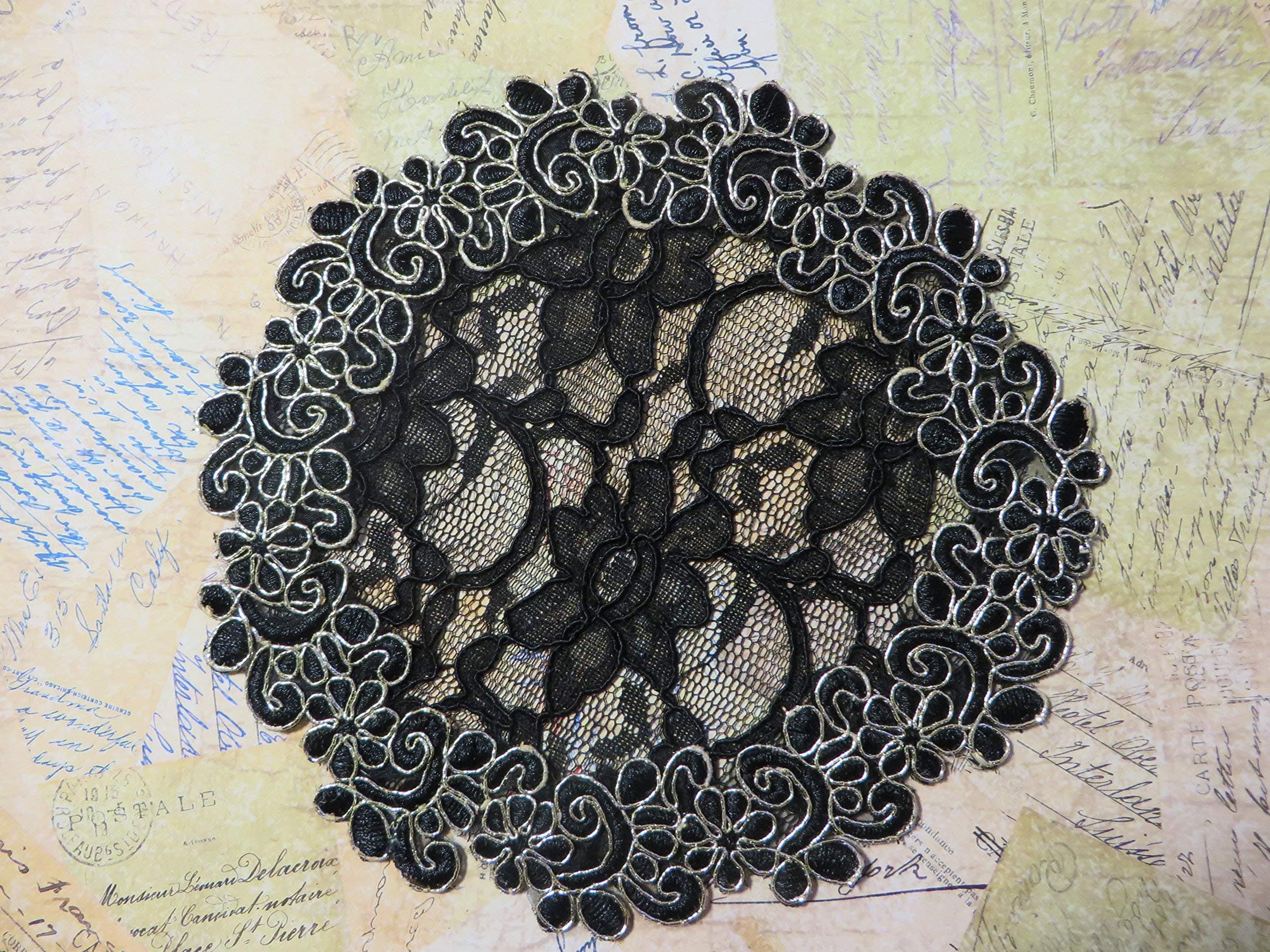 Handmade Black Lace Doily Head Cover with Gold Metallic Scrollwork Trim (with Decorative Bobby Pin) (Style 183) Elegant Doily Exclusive