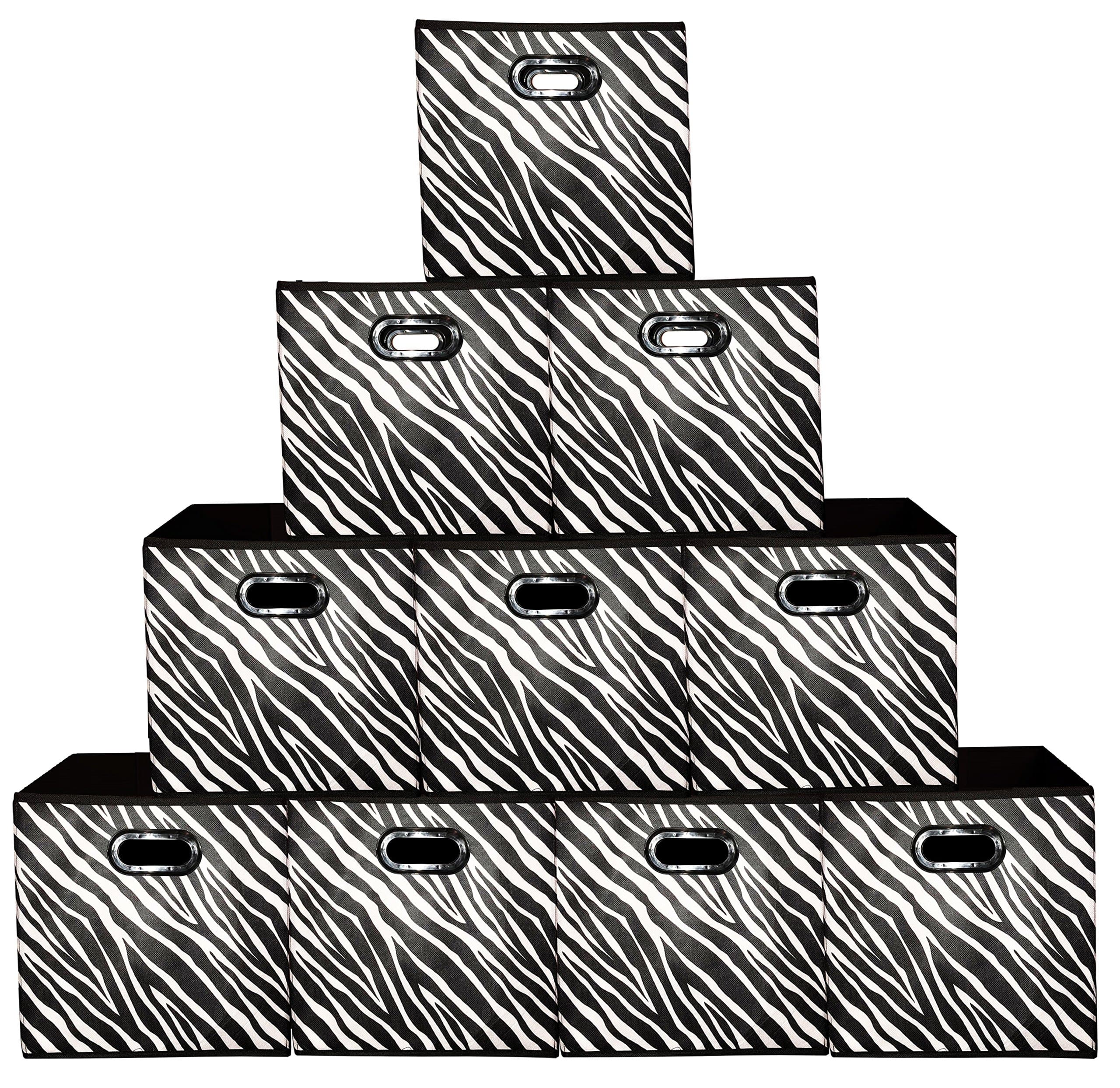 Prorighty [10 Pack-Zebra Pattern] Storage Bins, Containers, Boxes, Tote, Baskets| Collapsible Storage Cubes for Household Offices Organization |Nursery Cubes| Dual Plastic Handle Storages Drawer