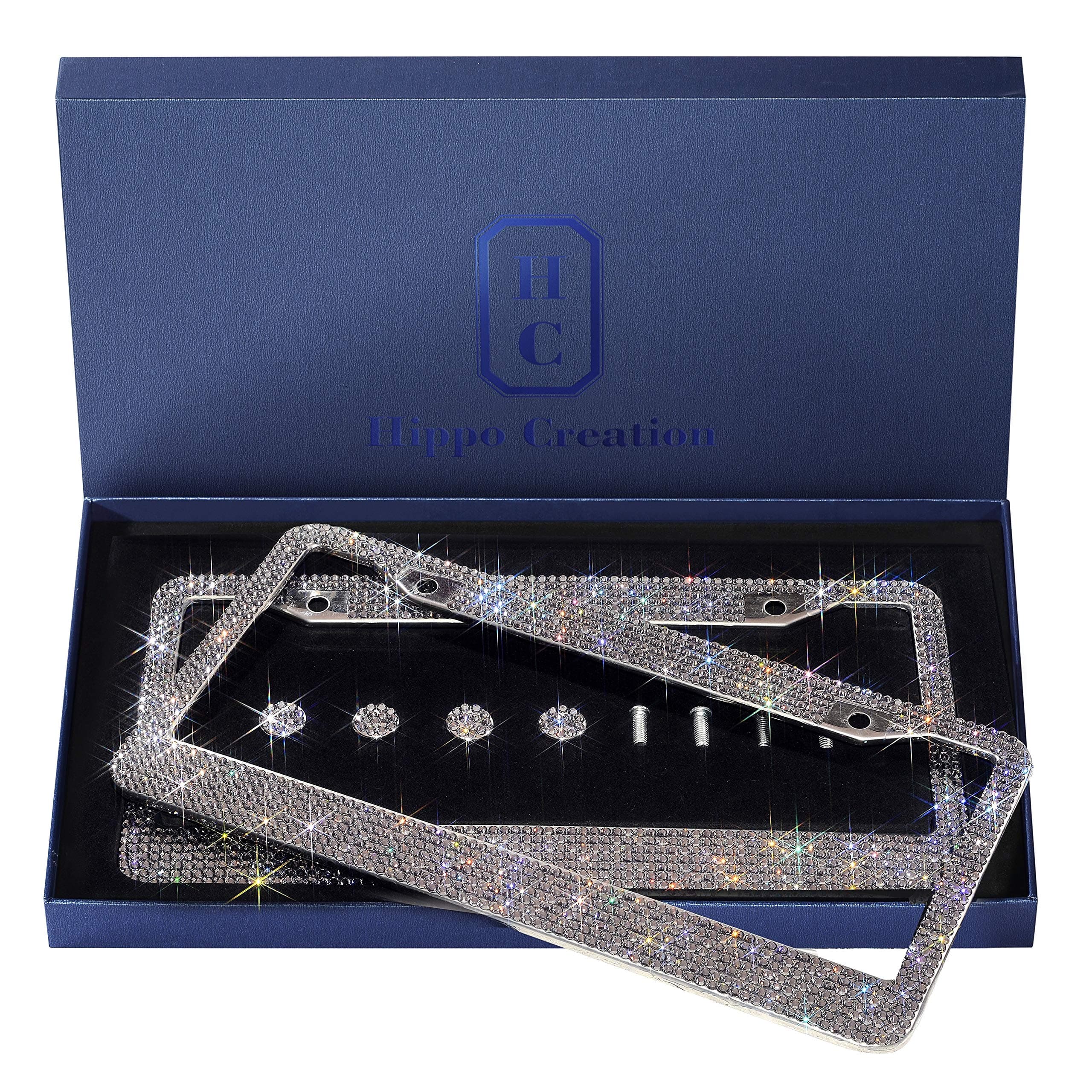 Handcrafted Bling License Plate Frames for Women, Men | 2 Pack Bedazzled Cover with Glittery Screw Caps | Stainless Steel Diamond Rhinestone License Plate Frame/Cover | Giftbox Included (Space Grey)