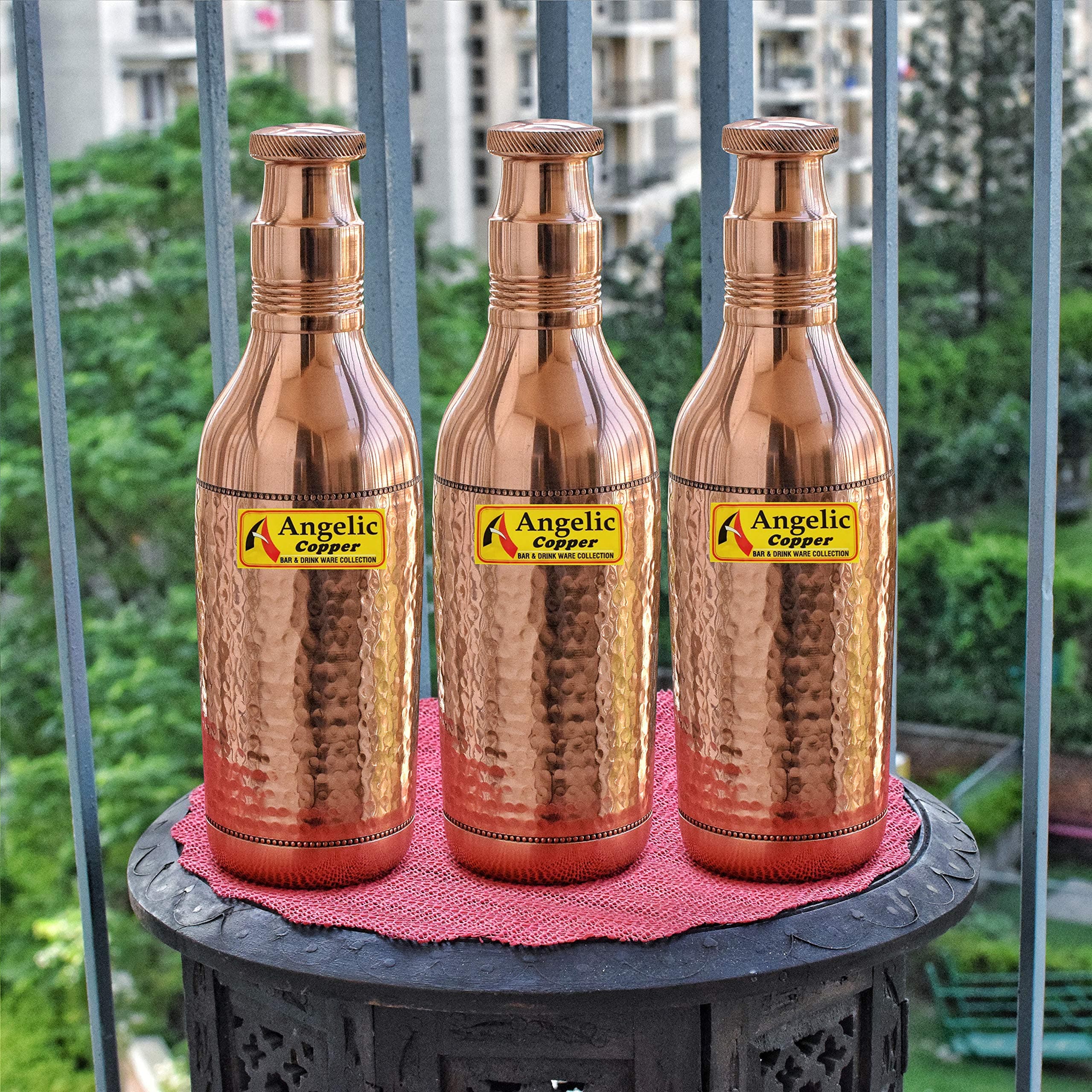 Angelic Copper Hammered Copper Bottle Set, 2 litres, 3-Pieces, Brown