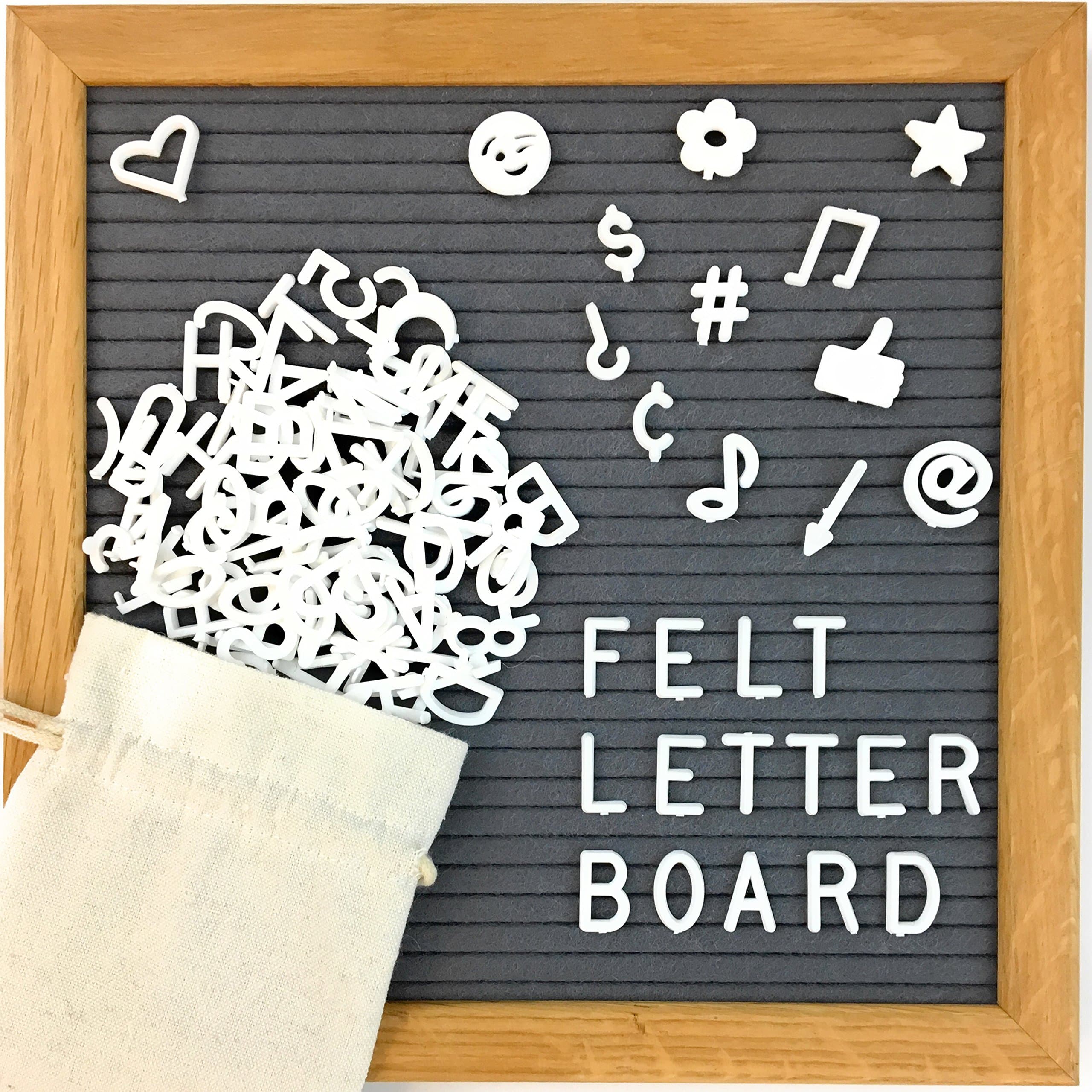 Gray Felt Letter Board by My Feltboard - Changeable Letter Board with Solid Oak Frame and Mounting Hook - 340 White Plastic Helvetica Characters with Free Letter Bag - 10x10 inches