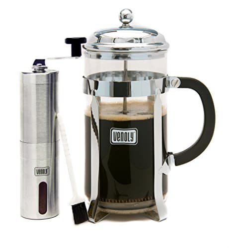 French Press Coffee Maker & Burr Grinder Bundle, Double Filter Glass/Stainless Steel Chrome Maker & Manual Conical Grinder - 8 Cups - by Venoly