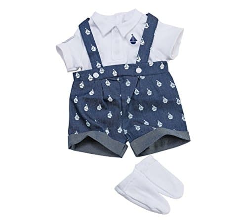 chad valley tiny treasures boy special outfit.Make sure your Tiny Treasures are ready for a special occasion with this beautiful, nautical-themed outfit. The dungarees are designed with printed boat detail and underneath there is a white jersey polo T-Shirt with embroidered detail and jersey socks. (Doll Not Included)