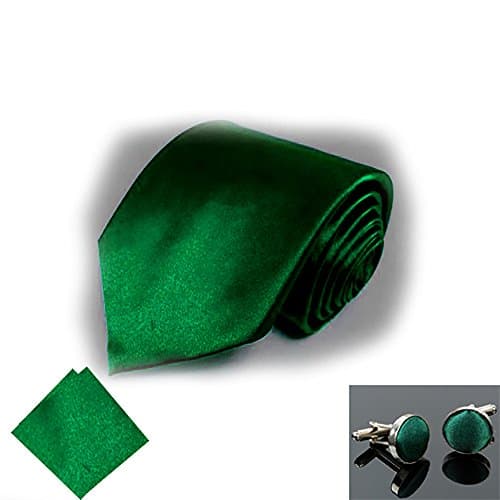 Sendmart Satin Plain Normal Classic Tie Party NeckTie + Pocket Square + CuffLink (Dark Green)