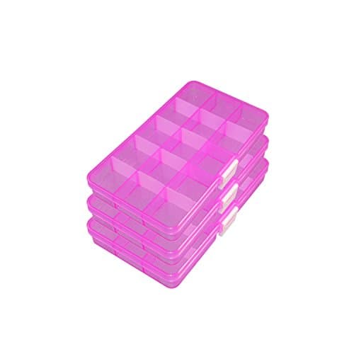 ESYN Adjustable 15 Compartment Plastic Storage Box Jewellery Earring Beads Organizer Pack of 3 (Pink)