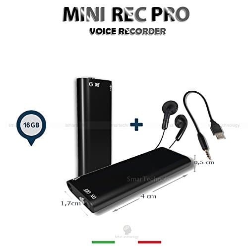 Mini Rec Pro Environmental Recorder 8 GB or 16 GB Voice Recorder Audio Voice Recorder Spy Pen Drive MP3 Player with Headphones 16GB Black