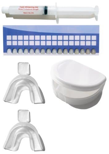 Teeth Whitneing kit to use at home with non-peroxide gel, mouth trays and case, and a shade guide to track your progress