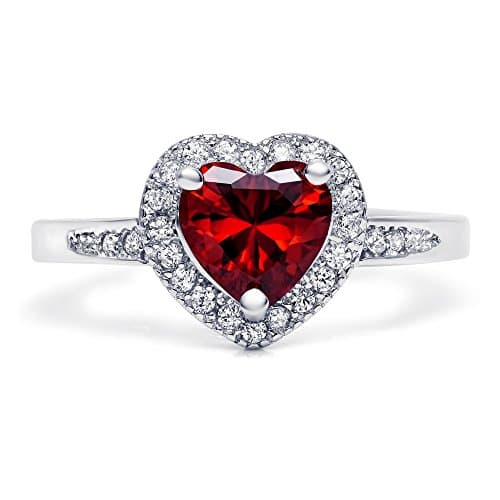 Sterling Silver Heart Shaped Simulated Red Garnet Ring with Clear Cubic Zirconia, 9mm