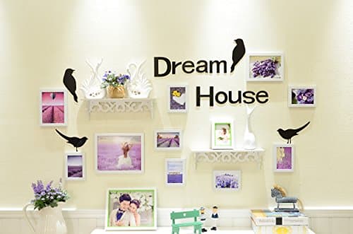 British Home Deco Multi Picture Frames Kit, Pack of 10 White Picture Frames Collage Wall Mount Frames with Birds Wall Stickers, Picture Cards, Shelves & Accessory Pack, 5, 7 & 10 inch, PS10HB