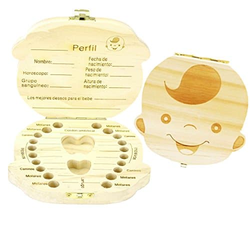 Mangostyle Baby Teeth Box Save Wooden Boxes Personalized Deciduous Souvenir Box,Wooden Personalized Baby Tooth Teech Keepsake Box (Spanish, Boy)