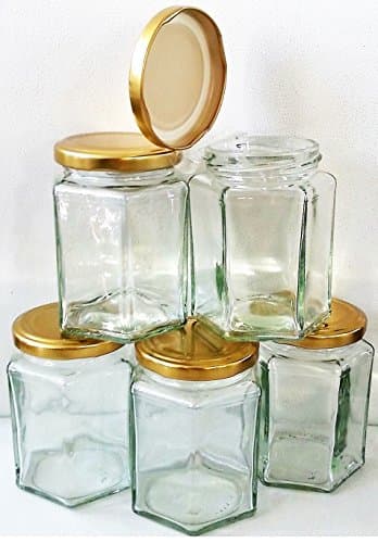 53 x 190ml 8oz HEX PRESERVE HEXAGONAL GLASS JAR JAM HONEY CHUTNEY GOLD LIDS BY CONNIIX