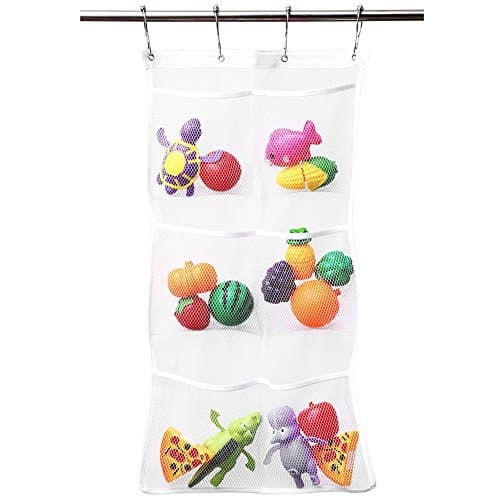 Quick Dry Hanging Bath Bag with 6 Pockets | Hang on Shower Curtain Rod Mesh Organizer with 4 Liner Hooks Rings for Bathroom Accessories & Save Space