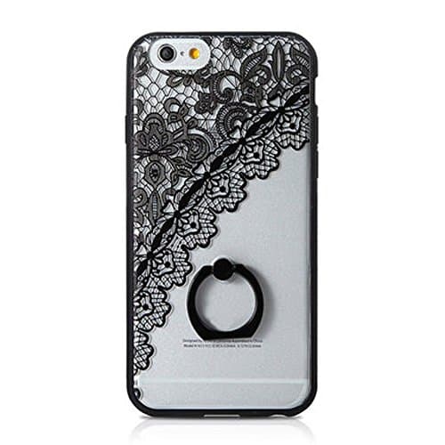 PTPTRADE Slim Soft TPU Lace Pattern Case Cover with Ring Finger Grip for (iPhone 6 4.7", Black)