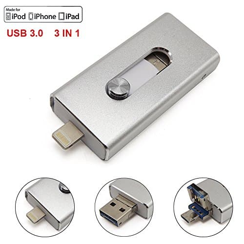 Escomdp USB 3.0 Flash Drives for iPhone 5 6 7 Plus, iPad iOS Lightning Apple Device, 3-in-1 Mobile Phone OTG Flash Memory Stick Storage Expansion for Android & Computers (16GB, Silver)