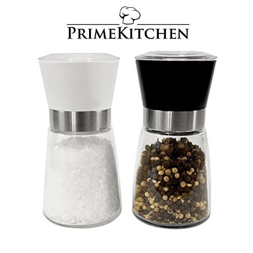 PrimeKitchen Salt and Pepper Mill Set | 2x Quality Spice Mill Easy Adjustable Ceramic Mechanism | Real Eye-Catcher Kitchen black/white