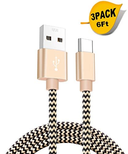 Cagayan USB C to USB 2.0 Nylon Braided (3 Pack 1.8m /6ft) USB Type C Charger Cable for the New MacBook, Samsung Galaxy S8/A5 2017, LG G5/V 20, OnePlus 2/3, Chrome Book Pixel, Nokia N1/Lumia 950/950XL, Google Nexus 5X/6P and More TypeC Devices - Gold