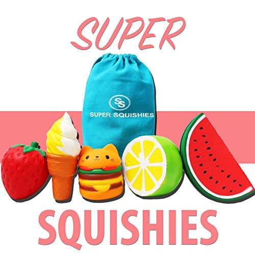 Squishy Fruit Pack Slow Rising Jumbo/Giant Soft Fruit Squishies Pack Of 5. Kawaii, Scented, Stress Relief Squishy Toys With Travel Bag Package