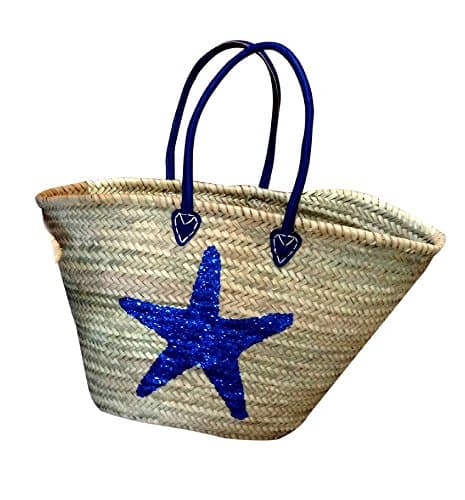 Long Handle Moroccan Blue Sequin Star Fish Beach Baskets Shopping Picnic Holiday Basket