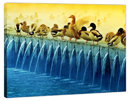 Canvas Art Picture - Wild Ducks On Water Ledge + A2 Single Panel - Size 52cm x 36cm - Stapled onto Timber frames, ready to hang - Exclusive Art by Fluffy Cloud Design