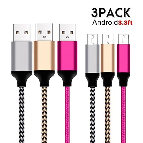 Android Charger Cables FoolerHome (3-Pack 3.3ft/1m) 2.4A High Speed Samsung Charger | Premium Micro USB to USB Cable Nylon Braided | Data,Sync + Charging Cable | Aluminium plug | Android,Samsung,HTC,Motorola,Nokia,LG,HP,Sony,BlackBerry(Silver Gold Pink)