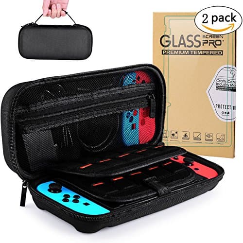 Nintendo Switch Case with 2 Pack H9 Nitendo Switch Screen Protector & 20 Game Cartridges, High-capacity Carrying Case, Hard Shell Travel Carrying Case for Console & Accessories, Black